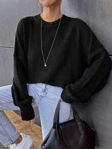 EURMUSE Casual Solid Color Drop Shoulder Sweater, Autumn/Winter - Black - View 7