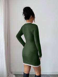 Elenzga Women's Round Neck Contrast Color "Merry Christmas" Bodycon Mini Dress, Knitted Letter Print, Casual Holiday Christmas Sweater Dress, Red - Army Green - View 2