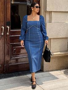 Dripcurv Plus Size Square Neck Fitted Long Sleeve Denim Dress - Medium Wash - View 1