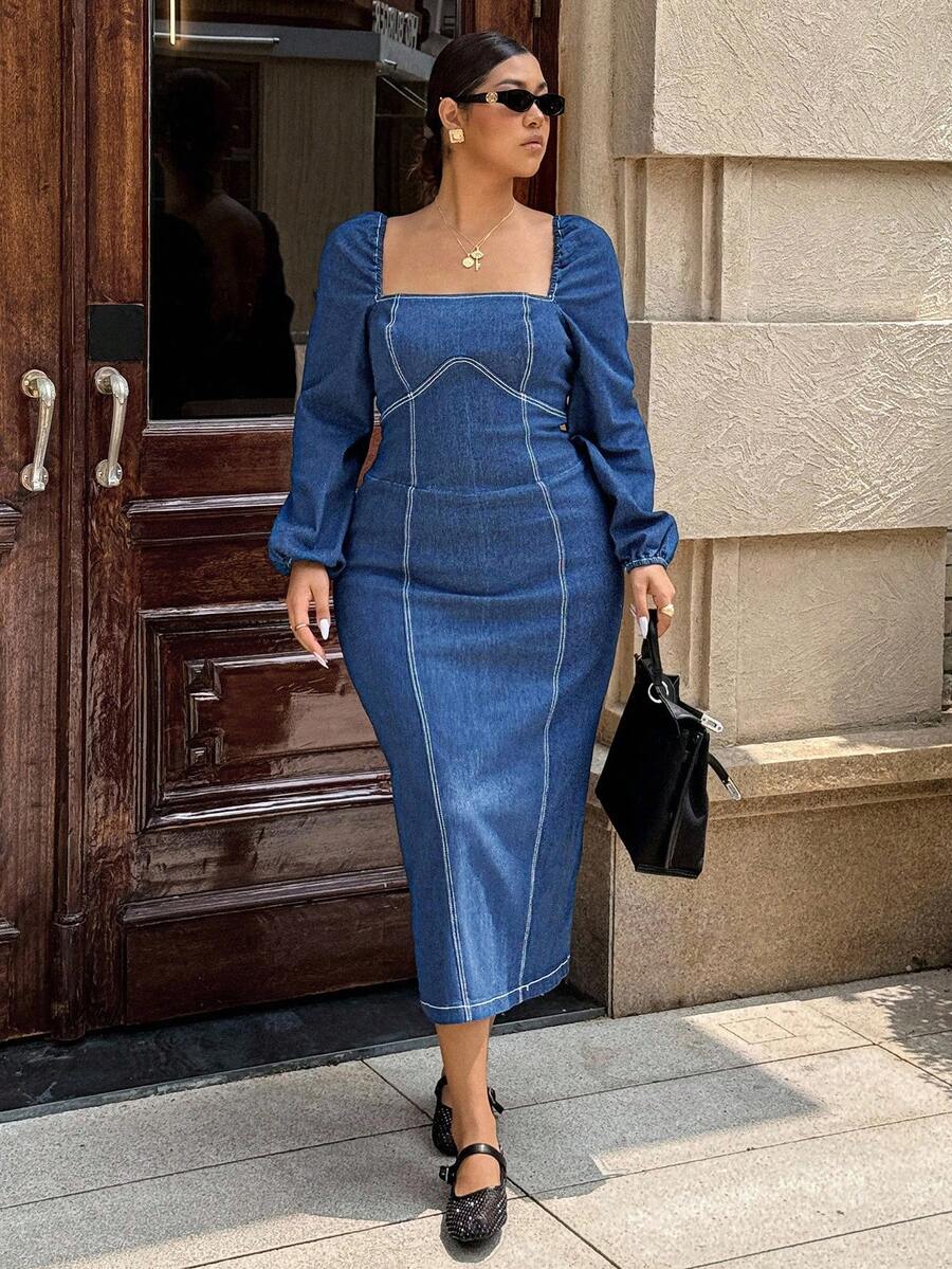 Dripcurv Plus Size Square Neck Fitted Long Sleeve Denim Dress - Medium Wash - View 1