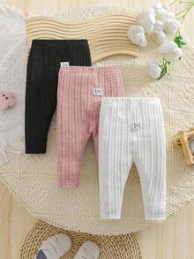 SHEIN 3pcs/Set Newborn Baby Girl/Boy Cute Elastic Waist Knit Leggings, Versatile For Spring, Summer, Autumn, Winter Fall - Black - View 9