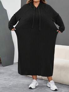 SHEIN CURVE+ Plus Size Women Ribbed Fabric Long Sleeve Hooded Loose Dress/Winter - Black - View 4