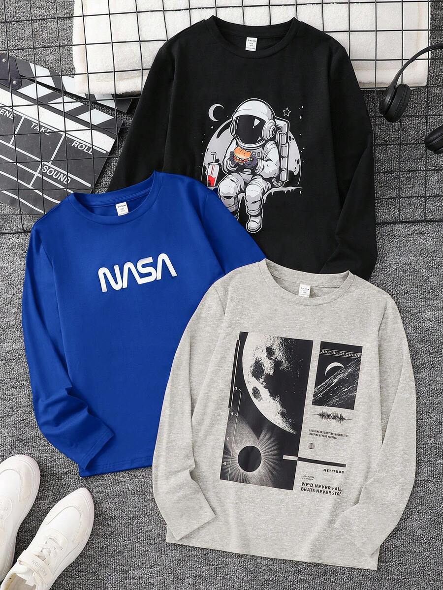 SHEIN Set de 3 camisetas gráficas casuales con letras para niño preadolescente, en negro, blanco y verde, adecuadas para ir al trabajo, la escuela, uso casual diario, deportes, otoño/invierno - azul real - Ver 1