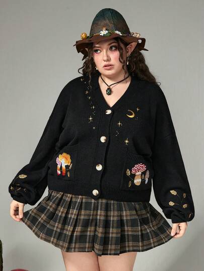 Fairycore Vintage Mushroom, Star, Moon Embroidered Plus Size Women Sweater Cardigan With Puff Sleeves