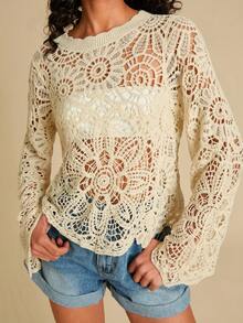 Travachic 女士花卉镂空宽松圆领长袖针织上衣，适合圣诞节、新年、感恩节、优雅冬季、毕业典礼、舞会、奢华晚宴等场合。 - 杏色 - 查看 7