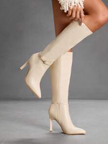 CUCCOO SZL Women's Pointed Toe Slim High Heel Metal Buckle Beige Autumn/Winter Side Zipper Knee-High Boots, Minimalist Design For Commuting, Shopping, Party For Christmas - Beige - View 3