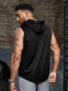 GymBeat 男士夏季时尚蜘蛛印花抽绳连帽运动背心 - 黑色 - 查看 2