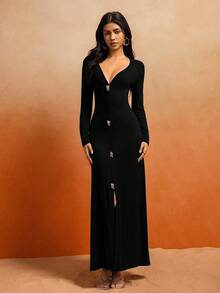 Almamuse 女士时尚性感深V紧身连衣裙 - 黑色 - 查看 1