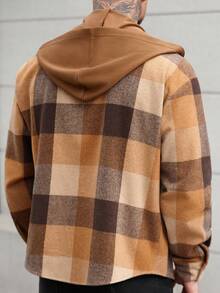 Manfinity CasualCool Men's Casual Plaid Linen Button Hoodie Shirt Earthy Clothes Men Men Shacket Men Flannels Brown Jacket Men Plaid Jacket Men - Coffee Brown - View 2