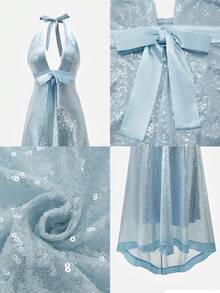 Glamine Charm Đầm dự tiệc cổ chữ V sâu thắt nơ, chất liệu satin sequin chắp vá cho nữ, Thu/Đông - Màu xanh nhạt - Xem 2