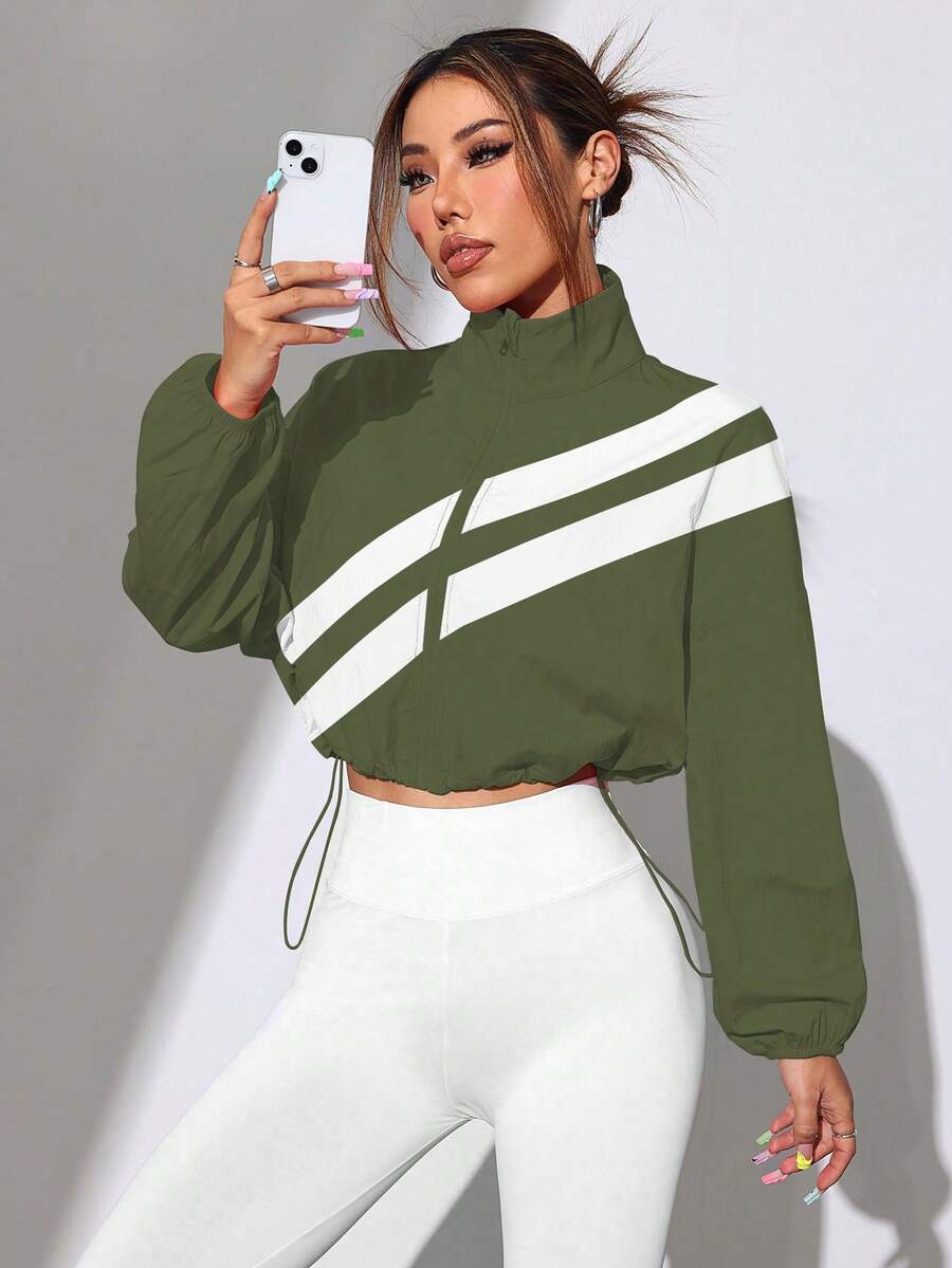 Gameset SHEIN Sport Chaqueta deportiva con cremallera completa, bloqueo de color y dobladillo con cordón, primavera/otoño - Verde militar - Ver 1