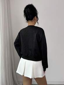 GlowEve Women's Rhinestone Bow Decor Round Neck Drop Shoulder Long Sleeve Casual Sweatshirt - Black - View 2