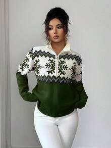 SHEIN Elenzya Elegant Women Fair Isle Pattern Color Block Zip-Up Sweater, Christmas Design, Autumn/Winter - Green - View 6
