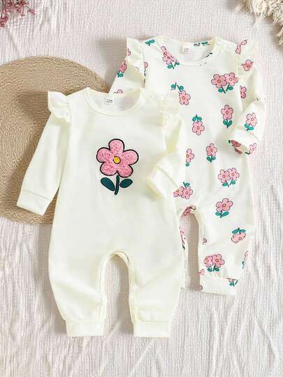 2pcs Baby Girls Floral Print Long Sleeve Romper & Embroidered Floral Romper, Suitable For Everyday Wear And Outings, Fall