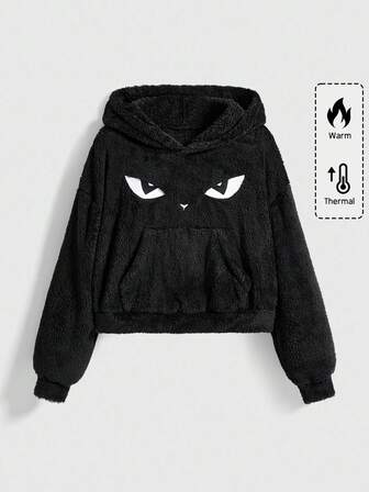 Goth Dunkel gotischer schwarzer Katzen-Stickerei Thermofutter Lässig Kapuzen-Langarm-Sweatshirt für Frauen, Herbst/Winter