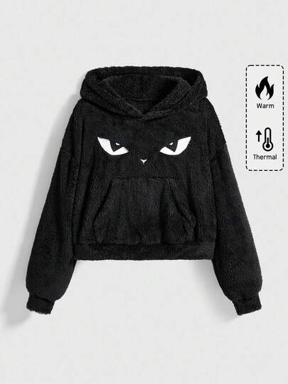 Dark Gothic Black Cat Embroidery Thermal Lined Casual Hooded Long Sleeve Sweatshirt For Women, Autumn/Winter
