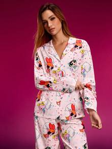 THE POWERPUFF GIRLS X SHEIN 女士可爱花朵、泡泡、毛茛图案长袖上衣和裤子睡衣套装，秋季女士睡衣，女士家居服，花卉睡衣套装，女士睡衣，秋冬服装