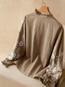 Elaquor 大码立领荷叶边纽扣前襟休闲百搭衬衫 - 卡其色 - 查看 2