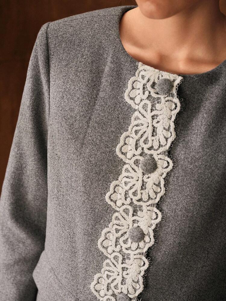 WOMEN'S VINTAGE LOOSE FIT LACE TRIM ROUND NECK BLAZER, AUTUMN/WINTER