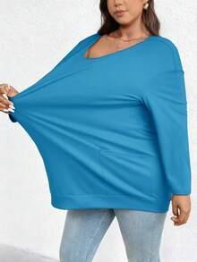 EMERY ROSE Camiseta de manga larga de cuello redondo minimalista de unicolor para mujer de talla grande - Azul menta - Ver 4