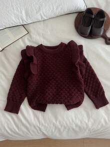 SHEIN Explorewe 可爱甜美荷叶边下摆纯色针织毛衣，适合小女孩穿着，百搭日常，秋冬季女童服装。可爱复古风毛衣，酒红色毛衣，荷叶边毛衣，女童针织毛衣，秋冬季女童服装，春秋季可爱服装，适合小女孩的秋冬季服装，女童服装，秋冬季女童毛衣，秋冬季女童服装，秋冬季女童套头衫 - 棕色 - 查看 6