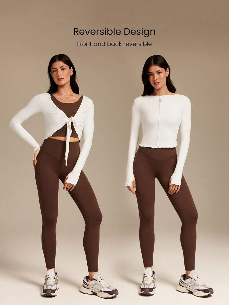 FeatherFit™ グライドライト ソフト ストレッチ 吸汗速乾 リバーシブル フロントタイウエスト サムホール ウエスト丈 長袖ラップトップ 秋冬 ヨガ ピラティス スタジオ デイリーカジュアルウェア