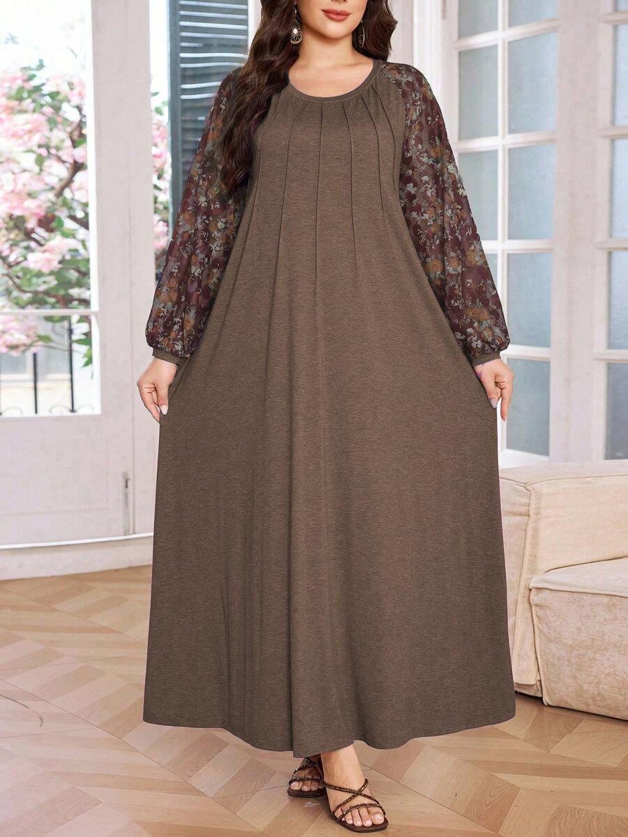 Lacomfia 大码女式休闲宽松花卉蕾丝拼接灯笼袖圆领舒适百搭连衣裙 - 棕色 - 查看 1