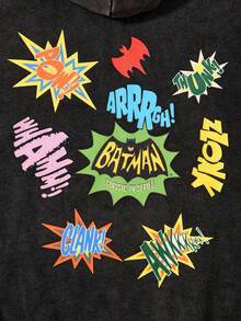 BATMAN X SHEIN 大码字母和数字图案连帽卫衣 - 黑色 - 查看 6