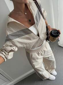 DAZY 女士休闲高领拼接宽松上衣和阔腿裤运动套装，秋冬款 - 灰色 - 查看 6