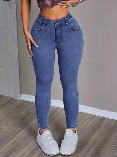 SHEIN PETITE Jeans casuales de unicolor para mujer