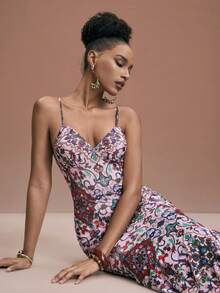 JIAN LASALA 全印花网纱吊带抹胸无袖波西米亚风层叠连衣裙，适合度假、优雅的伊比沙岛装扮、花园派对、正式场合、花卉礼服、兰花连衣裙、花朵连衣裙、女士图案连衣裙、粉色波西米亚风连衣裙、鱼尾连衣裙、多层长款连衣裙、长款花卉连衣裙、沙滩婚礼宾客 - 彩色 - 查看 7