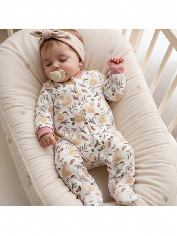 Loomiva Pelele de manga larga con cuello redondo y pantalones, estampado con flores y ardillas, de punto suave y contraste de color para recién nacida