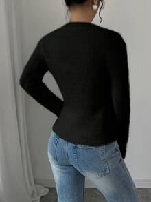 SHEIN Raffinéa Casual Solid Color Slim Fit Crew Neck Sweater, Autumn/Winter - Black - View 2