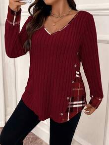 EMERY ROSE Plus Size V-Neck Plaid Printed Long Sleeve Ribbed T-Shirt Graphic Tees Women Tops For Spring - Red - View 1