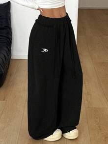 Coolane Women's Fall/Winter Streetwear Back To School Preppy Casual Warm Comfortable French Black Elastic Waistband Curved Hem Pants,Black Pants - Black - View 3