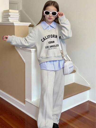 Sparklyn 2 件套 Tween GirlsCalifornia 图案印花条纹纯色 Polo 领长袖运动衫和裤子，时尚运动休闲装，春秋季