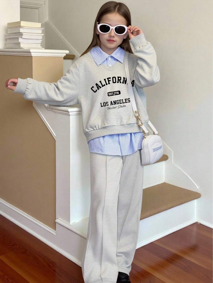 2 件套 Tween GirlsCalifornia 图案印花条纹纯色 Polo 领长袖运动衫和裤子,时尚运动休闲装,春秋季 - 灰色 - 查看 1