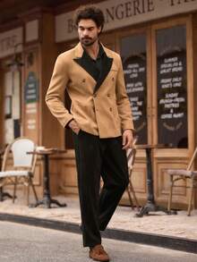 HIMLAND Men's Solid Color Minimalist Casual Long Sleeve Blazer And Pants Suit Set, Men's Double-Breasted Blazer, Camel Suit With Black Lapel, Contrast Lapel Tuxedo Wedding Groom Suit, Prom Suits For Men, Party Wear Blazer For Men, Designer Formal Suit, Color Block Suit, FW25 Men's Fashion, Men's Camel Double-Breasted Blazer With Contrast Black Lapel | A Modern Designer Suit Blazer For A Statement Look Double Breasted Suit Brown Outfit Europe - Multicolor - View 3