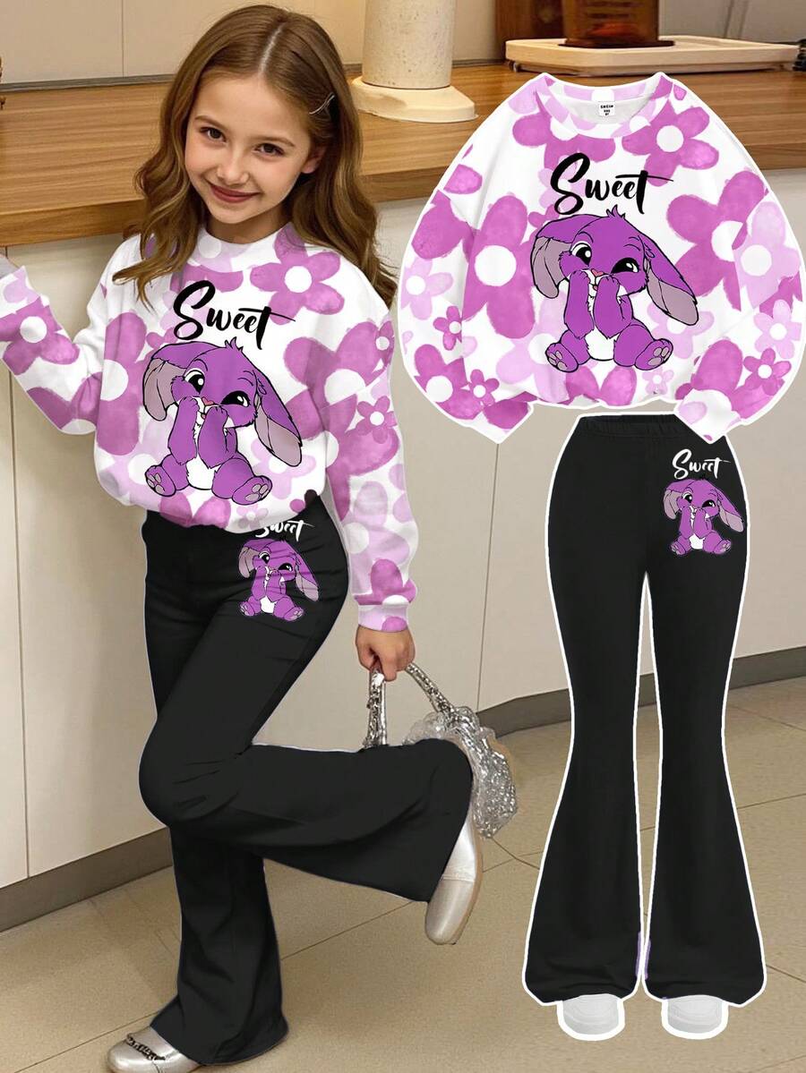 SHEIN Leap Crew 兒童可愛卡通圖案粉色漸層花卉Tween女孩針織圓領字母圖案寬鬆衛衣與喇叭褲秋季休閒兩件套 - 彩色 - 查看 1