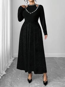 Elenzga Maxikleid in Große Größen für Damen mit Doppelkragen-Design, Langarm, elegant, mit Perlen besetzt - Schwarz - Übersicht 3