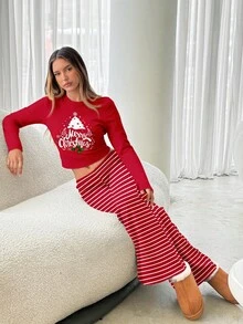 Aloruh 女士休闲圣诞树印花长袖T恤和条纹宽松直筒裤两件套睡衣套装，圣诞装 - 紅色 - 查看 6