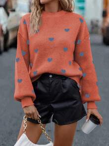 SHEIN LUNE Heart Pattern Knit Sweater, Casual For Autumn/Winter - Orange - View 3