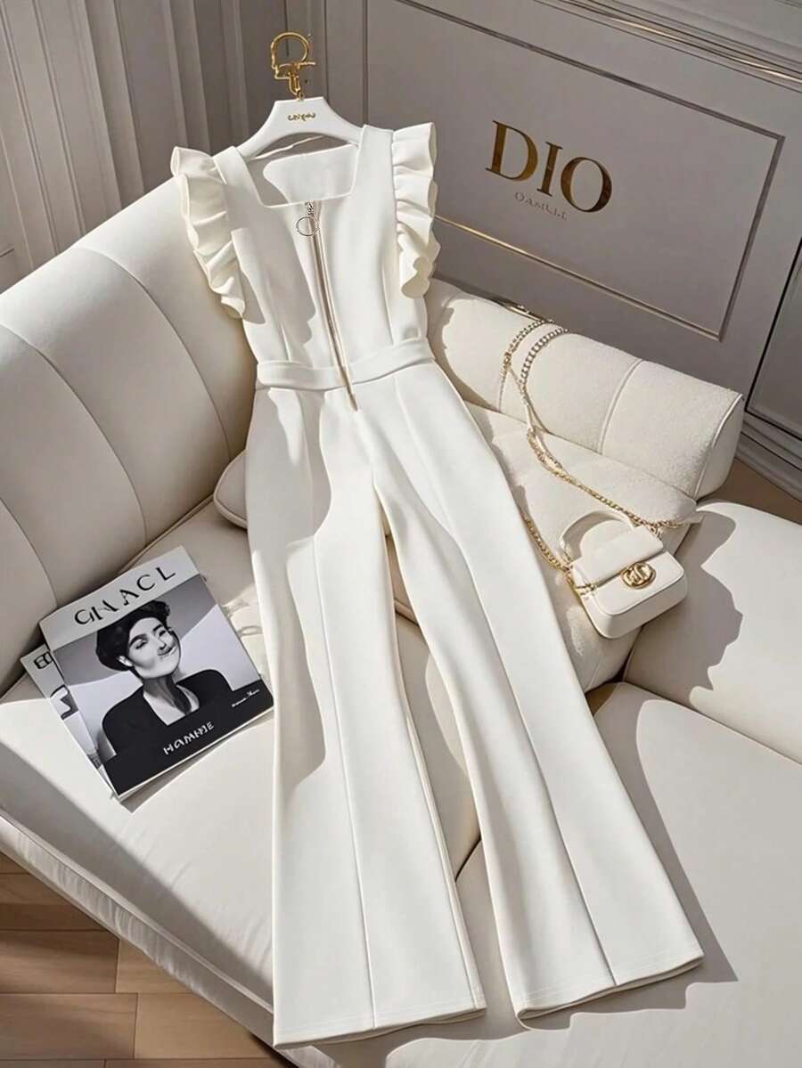 GlowEve Women's Solid Color Square Collar Zipper Ruffle Trim Casual Jumpsuit