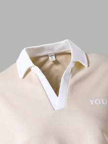 SHEIN Explorewe 两件套少女时尚休闲长袖V领字母印花卫衣搭配宽松侧袋运动裤，适合圣诞节、万圣节、秋冬季穿着。 - 卡其色 - 查看 3