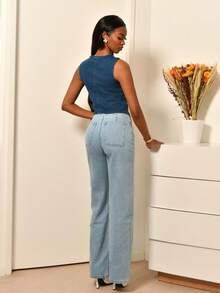 Mima John Áo denim nữ đính nút kim loại, thời trang mùa hè cho nữ, áo denim kiểu miền Tây, áo denim xanh Y2k phong cách đồng quê, phong cách Old Money, phong cách công sở thường ngày - Rửa trung bình - Xem 2
