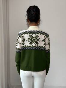 SHEIN Elenzya Elegant Women Fair Isle Pattern Color Block Zip-Up Sweater, Christmas Design, Autumn/Winter - Green - View 2