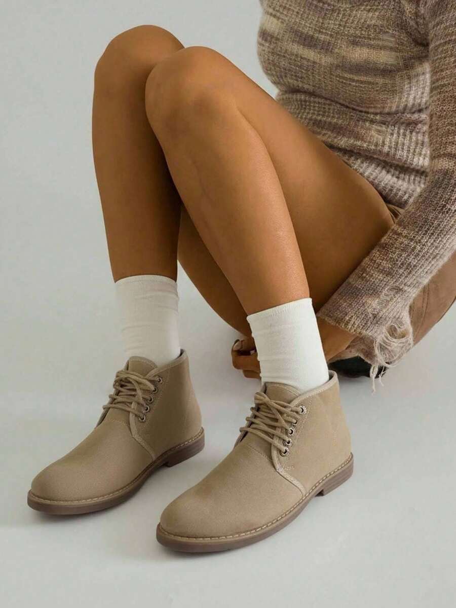 Hombre ante transpirable costura visible punta redonda cordones suela baja estilo casual trabajo diario botines - Caqui - Ver 1