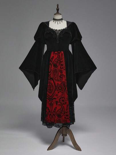 Goth Vestido negro de terciopelo con patrón de paisley oscuro y lujoso estilo gótico, talla grande, adecuado para banquetes, fiestas y ocasiones formales, vestido elegante y vintage de talla grande