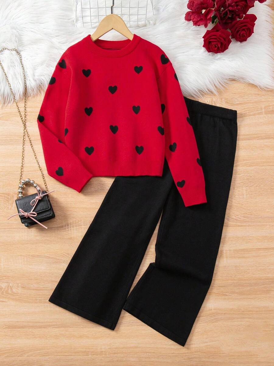 Sparklyn 女童爱心图案提花针织毛衣和打底裤两件套，秋冬款 - 紅色 - 查看 1