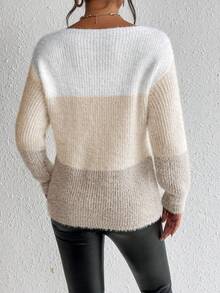 EMERY ROSE Contrast Color Round Neck Drop Shoulder Long Sleeve Casual Loose Pullover Sweater - Multicolor - View 2